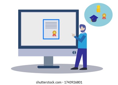 Studying Man. Online learning concept. Safe from virus outbreak. Vector illustration in flat style.