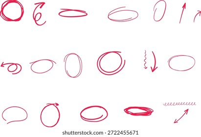 estudio, marca, resaltador, resaltado, conjunto de trazo ovalado. Símbolo de Clipart de línea de dibujo rojo de esquema