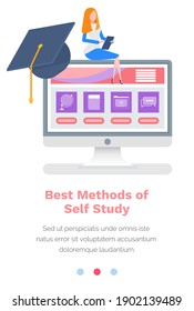 Studying material online, best methods of self study concept. Woman working on her tablet. Website landing page template. Girl sitting on a computer monitor with a picture of a home webpage