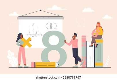 Studying mathematics concept. Characters with numbers and math formulas. Teenagers and students with calculations. Education, training in school and college. Cartoon flat vector illustration