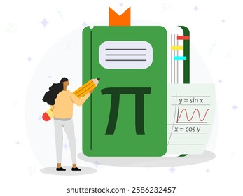 Studying of mathematics concept. A woman holding of pencil on front of big mathematics book. Maths, arithmetics, algebra, geometry, education, knowledge. 