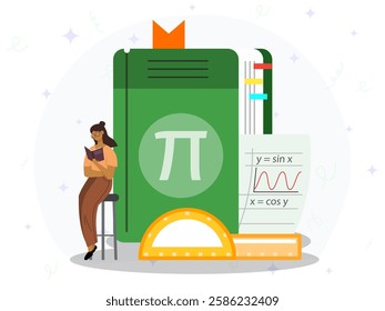 Studying of mathematics concept. A woman sitting on chair to reading book with big math book beside him. Maths, arithmetics, algebra, geometry, trigonometry, angle, ruler, education, knowledge, 