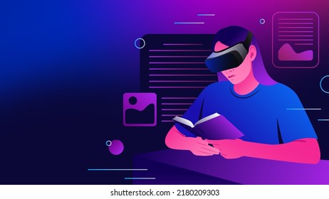 Estudiando en Metaverse. Lecturas de niñas en realidad virtual. Ilustración del vector