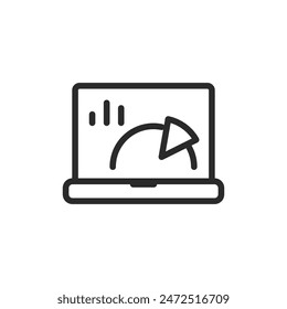 Studying metrics and statistics on laptop, linear style icon. Laptop with charts and diagrams on screen. Editable stroke width