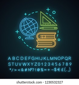 Studying neon light concept icon.  School education idea. Learning. Gaining knowledge. Glowing sign with alphabet, numbers and symbols. Vector isolated illustration