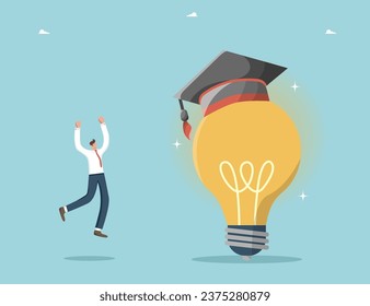 Studying and obtaining new knowledge to create innovations, developing intelligence and logic to find new opportunities, education and training courses, man stands near light bulb in academic hat.