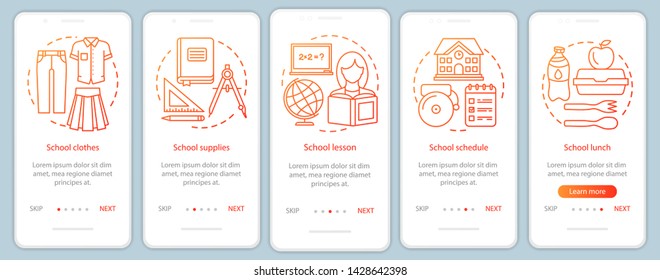Studying onboarding mobile app page screen vector template. School learning, education process walkthrough website steps with linear illustrations. UX, UI, GUI smartphone interface concept