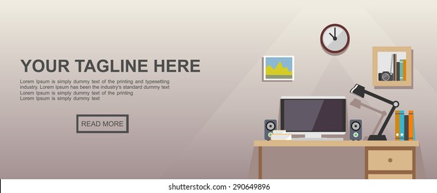 Studying place or working place illustration. Banner illustration. Flat design illustration concepts for working place at office, working place at home, workspace, workplace,  studying place.
