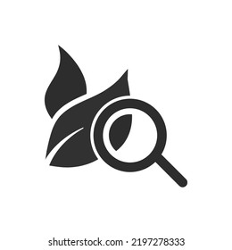 Studying a plant icon. Magnifying glass and plant leaf. Monochrome black and white symbol