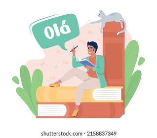 Studying portuguese language with pleasure 2D vector isolated illustration. Learner flat character saying hello. Colourful scene for mobile, website, presentation. Nerko One Regular font used