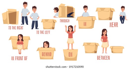 Studying of prepositions of place, kids with cardboard box demonstration of different positions. A set of vector flat illustrations for learning english preschool vocabulary.