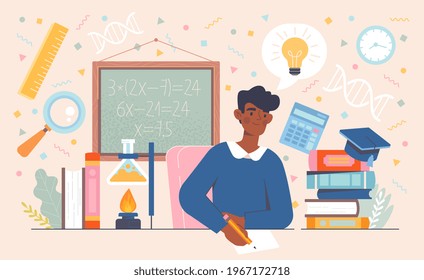 Studying process. Academic education. Personal growth and development concept. Sharp mind and intelligence training. Flat cartoon vector illustration