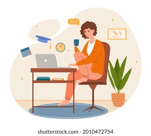 Studying process concept. Academic education process with personal development. Girl sitting at laptop and studying the information. Remote training. Flat vector illustration on a white background