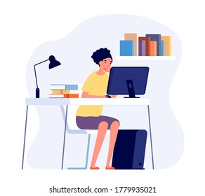 Studying process. Student reading at desk, online learning. Girl study homework on computer. Science worker or teacher vector illustration