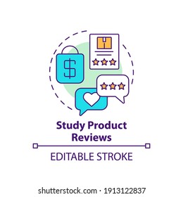 Studying product reviews concept icon. Shopping tip idea thin line illustration. Building consumer trust. Purchasing decisions. Vector isolated outline RGB color drawing. Editable stroke