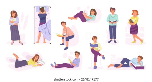 Estudiar, leer personas, leer personajes amantes de los libros, mujeres y hombres con libros. Lectores de libros, fanáticos de la literatura y visitantes de la biblioteca conjunto de ilustraciones vectoriales de dibujos animados. Colección de personas de lectura