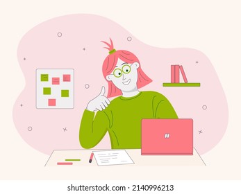 Studying remotely. E-learning, online education, student Internet courses. A pretty girl is sitting at her desk, using a laptop. Illustration of a work or educational process