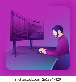 Studying the reports for identifying problems and opportunities in decision making process. Male. Glass morphism. Vector illustration.