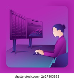 Studying the reports for identifying problems and opportunities in decision making process. Female. Glass morphism. Vector illustration.