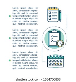 Studying schedule concept icon with text. Project deadline. Planning assignment. Research. Article page vector template. Brochure, magazine, booklet design element with linear illustrations