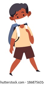 Studying at school during coronavirus outbreak. Male character wearing protective mask, healthcare measures and recommendations for students and pupils. Educational process. Vector in flat style