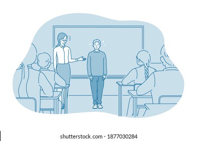 Studying in school, introducing, pupil and teacher concept. Teacher introducing new smiling boy pupil to classmates in classroom at school illustration