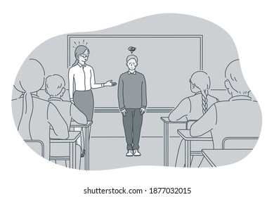 Studying in school, introducing, pupil and teacher concept. Teacher introducing new stressed frustrated boy pupil to classmates in classroom at school illustration