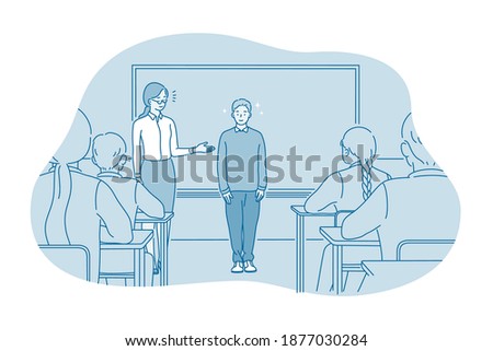 Studying in school, introducing, pupil and teacher concept. Teacher introducing new smiling boy pupil to classmates in classroom at school illustration