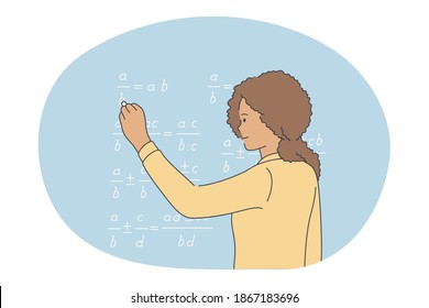 Studying in school, pupil, learning concept. Young curly girl cartoon character standing and solving equation in math on chalkboard in classroom during lesson in school vector illustration