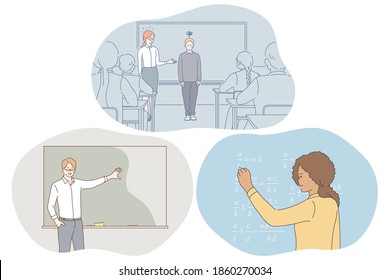 Studying in school, pupil, teacher concept. Teacher introducing new pupil to classmates in classroom, teacher explaining information, girl student solving task on chalkboard at school illustration