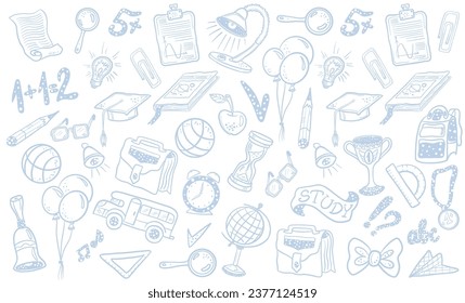 Studying at school sketch doodle. Light yearbook background. Vector hand drawn.