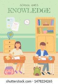 Studying schoolboy and schoolgirl in classroom vector, boy and girl writing in textbooks. Geography lesson, globe on shelf and books, tables with info. Back to school concept. Flat cartoon
