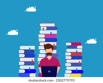 Studying or searching for a large amount of information. man working on laptop with pile of books