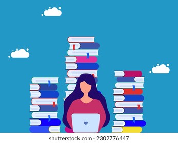 Estudiar o buscar una gran cantidad de información. mujer trabajando en una laptop con montón de libros