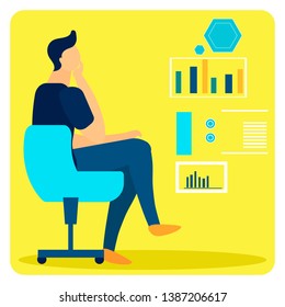 Studying Statistical Data Flat Vector Illustration. Male Expert Making Decision Sitting in Chair. Analyst, Businessman Watching Presentation Cartoon Character. Economist Analysing Growth Rates