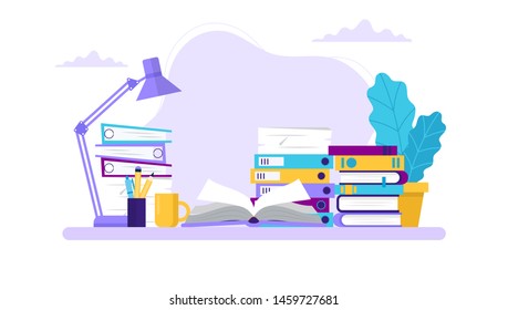 Studying, table with books and different folders. Concept illustration for learning, education, office work, school or university. Vector illustration in flat style