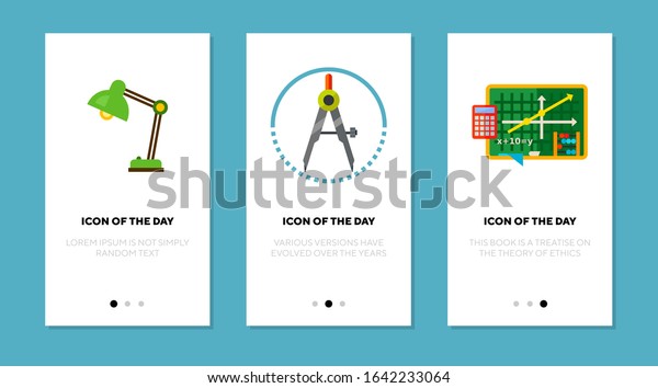 Studying\
tools flat icon set. Lamp, divider, graph on blackboard isolated\
sign pack. Geometry, school supplies, education concept. Vector\
illustration symbol elements for web\
design