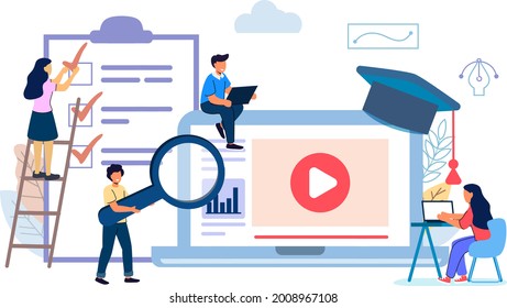 Studying Training E-learning Courses University Graduating People studying at home Online education concept Flat vector illustration Tiny people in training Online language school lifestyle