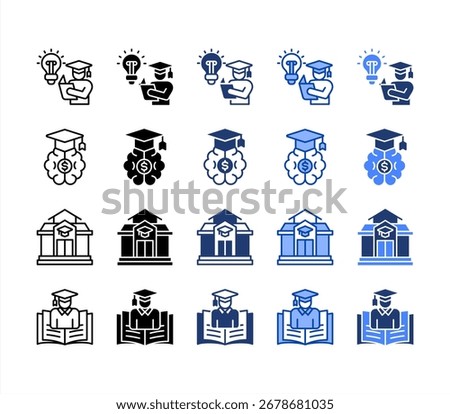 Studying, University, Diploma, Graduation, multiple style icon set.