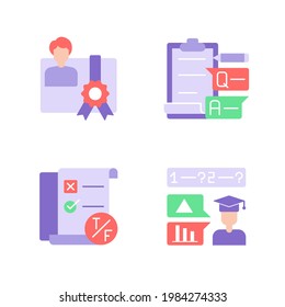 Studying vector flat color icon set. Education and learning. Graduation diploma. Skill evaluation, learning course. Cartoon style clip art for mobile app pack. Isolated RGB illustration bundle