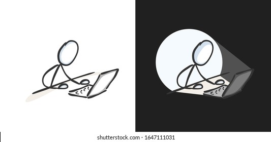 Studying or working on laptop. Using computer for social media and internet. Working at night. screen light. Stickman. Hand drawn. Doodle sketch, Vector graphic illustration