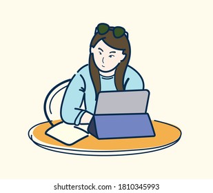 A studying or working young girl sitting on the table, illustration in vector art.