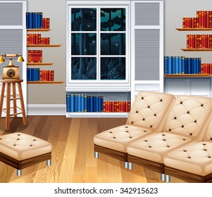 Escoba de estudio con sofá y ilustración de libros