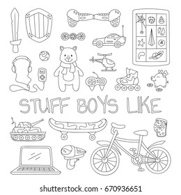 Stuff boys like. Set of hand drawn elements. Toys, personal transport, electronic devices, weapon and decoration items. Line style vector illustrations on white background.