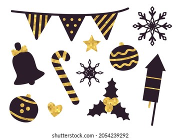 Stuff for Christmas party set of icons isolated on white background. Vector illustration with decorations, firwork rockets and sweets drawn in black