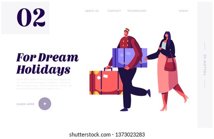 Stuff Greeting Guest in Hotel. Clerk in Uniform Meeting Woman Helping to Carry her Baggage. Traveling Girl Accommodation to Inn Website Landing Page, Web Page. Cartoon Flat Vector Illustration, Banner