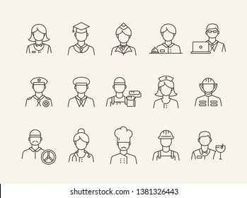 Stuff icons. Set of line icons on white background. Sheriff, welder, graduate. Job concept. Vector illustration can be used for topics like career, service, occupation