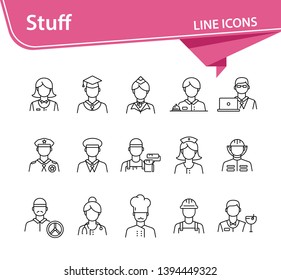 Stuff icons. Set of line icons on white background. Sheriff, welder, graduate. Job concept. Vector illustration can be used for topics like career, service, occupation