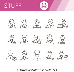 Stuff icons. Set of line icons on white background. Sheriff, welder, graduate. Job concept. Vector illustration can be used for topics like career, service, occupation