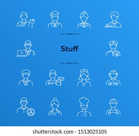 Stuff icons. Set of line icons on white background. Sheriff, welder, graduate. Job concept. Vector illustration can be used for topics like career, service, occupation